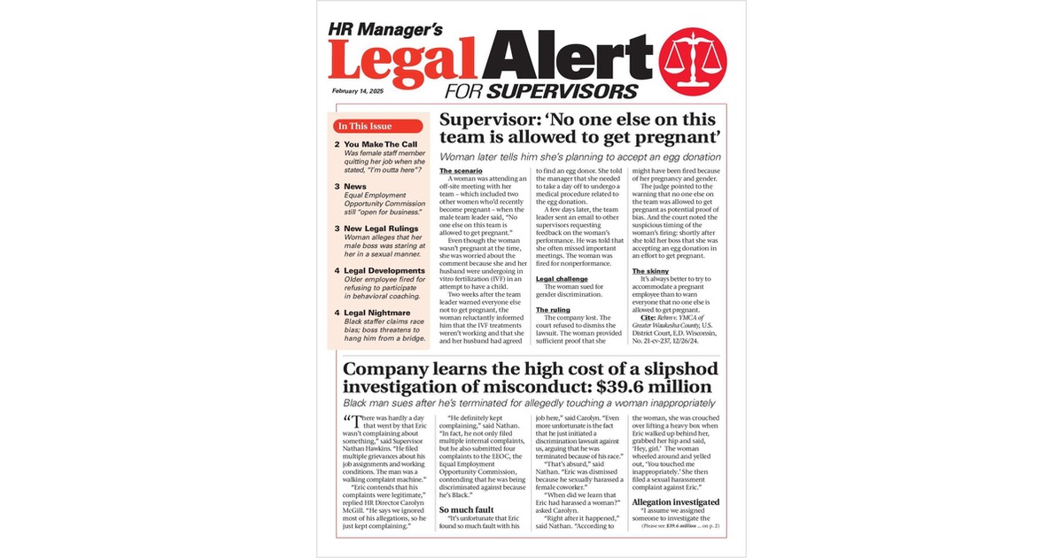 HR Manager's Legal Alert for Supervisors Newsletter: February 14 Edition
