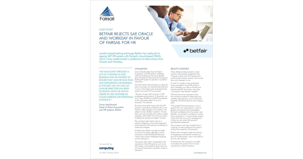 Betfair Rejects SAP, Oracle and Workday in Favour of Fairsail for HR