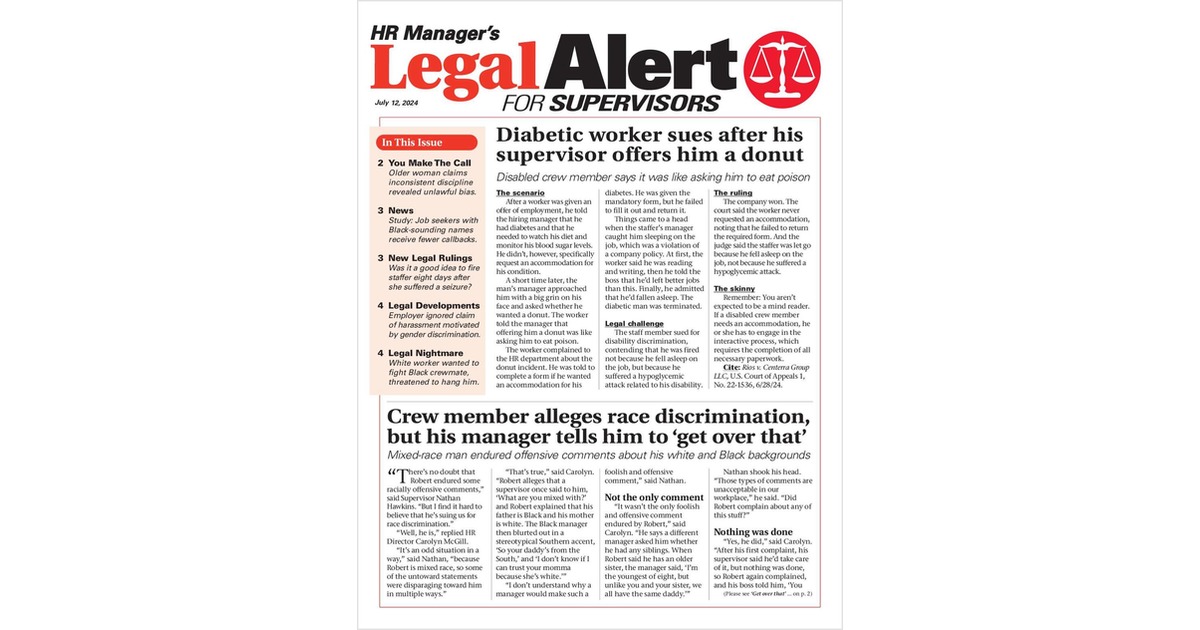 HR Manager's Legal Alert for Supervisors Newsletter: July 12 Edition