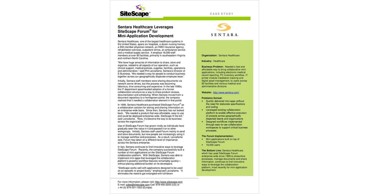 Sentara Healthcare Leverages SiteScape Forum for Mini-Application Development
